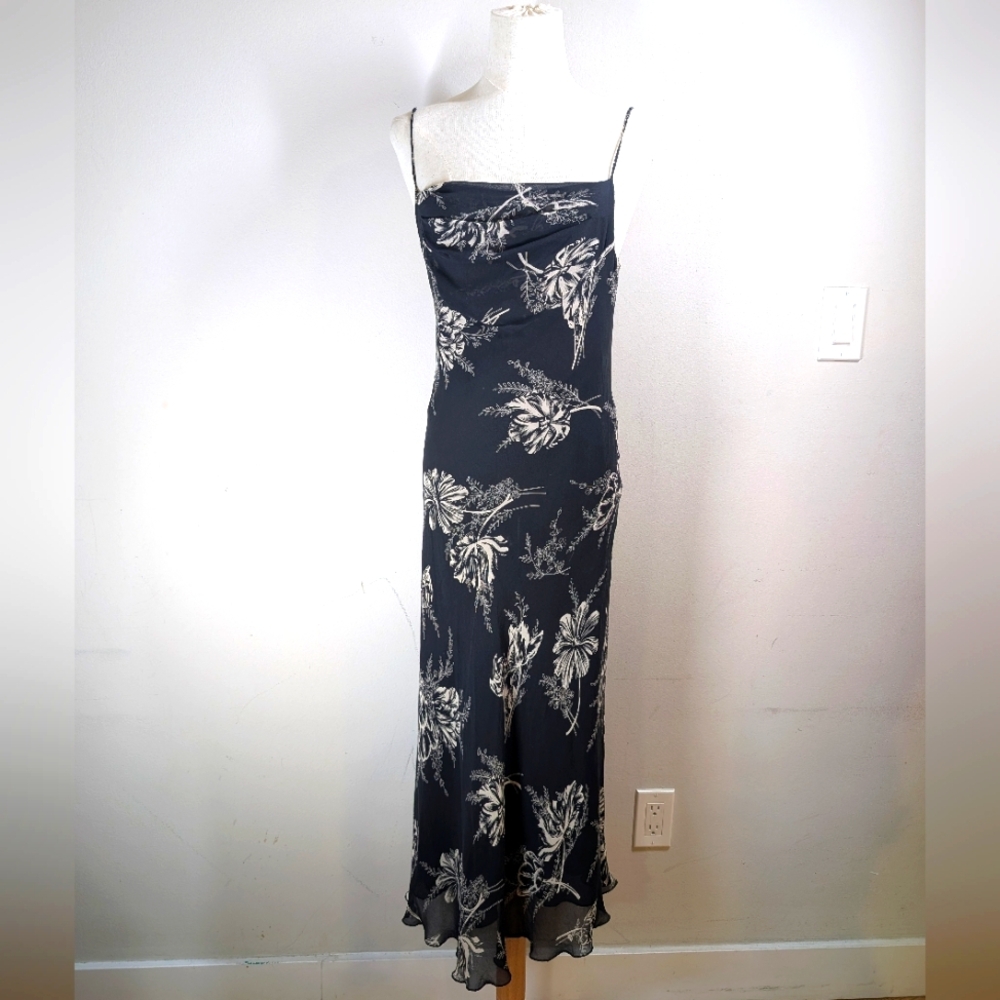 Y2K Black Printed 100% Silk Bias Cut Midi Dress